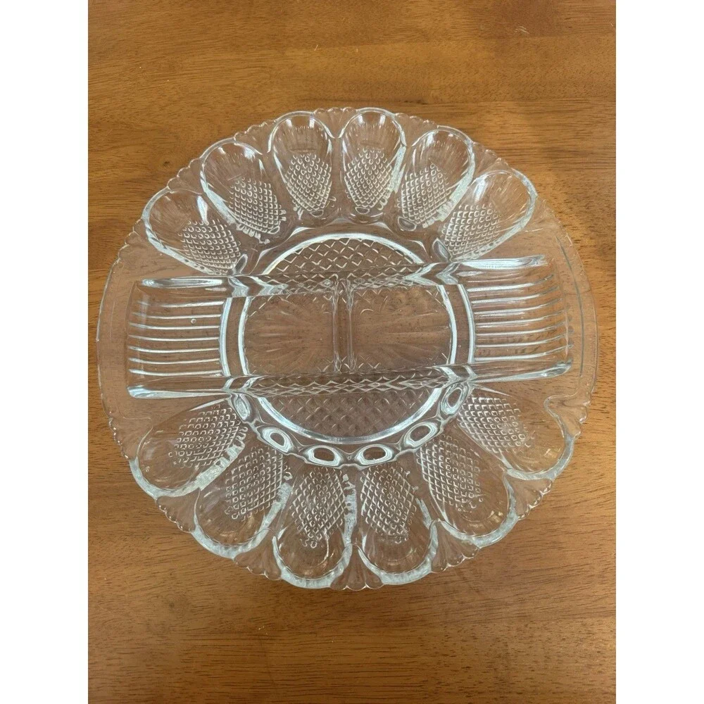 Vintage LE Smith Clear Heavy Glass Deviled 12 Egg Plate Relish Tray